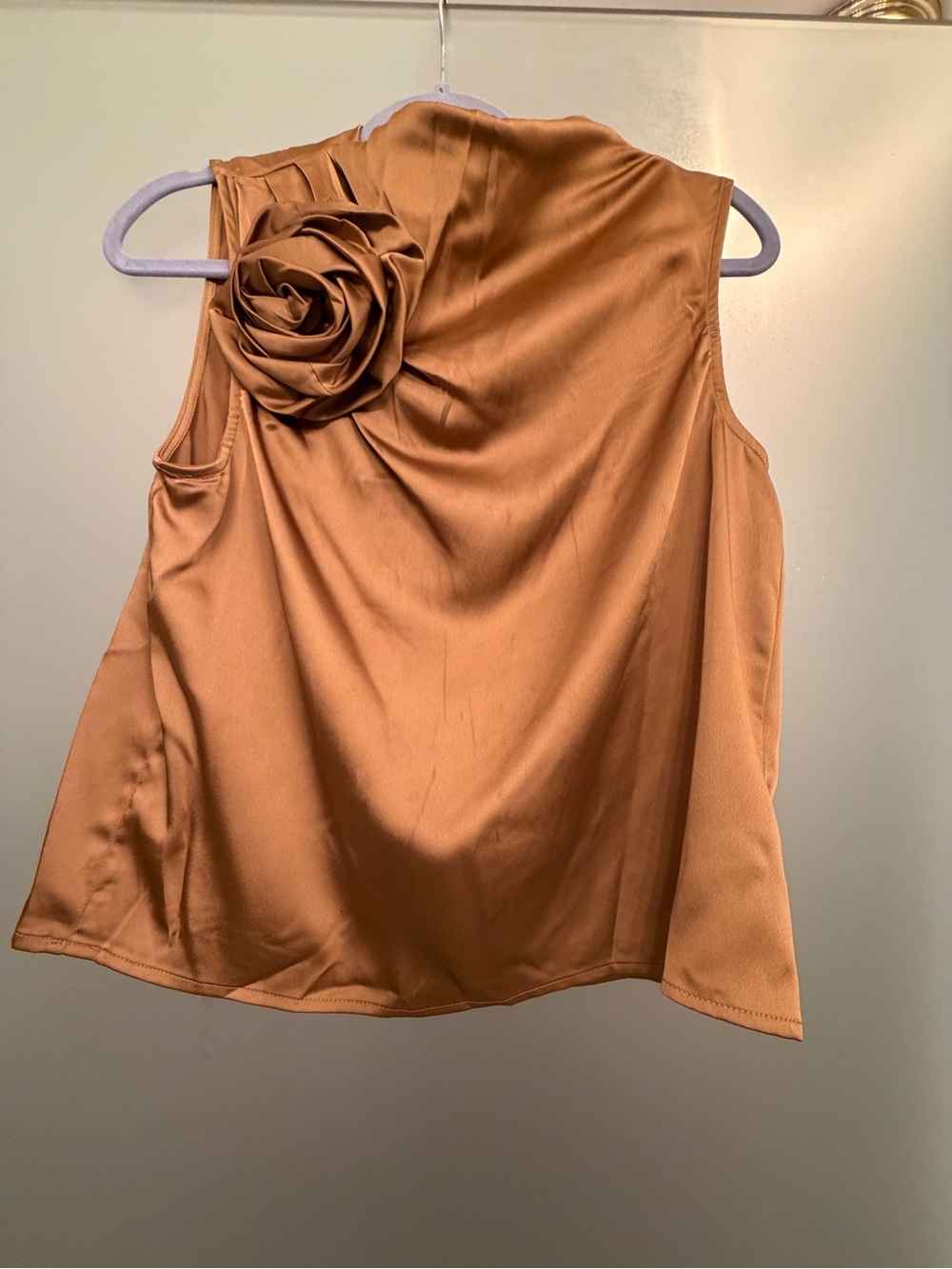 Sleeveless Satin Rose Applique Blouse - Copper